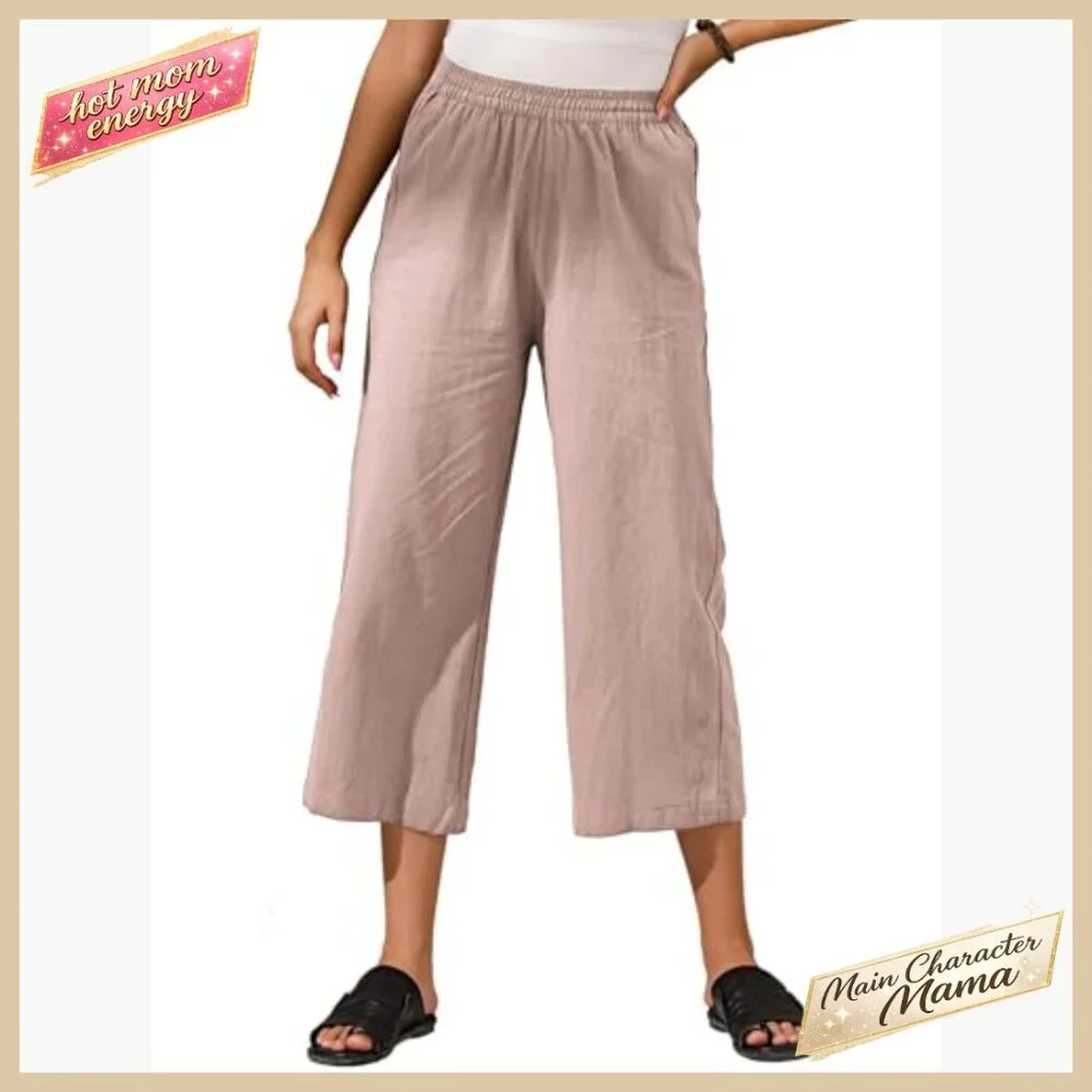 Cotton Cropped Palazzo Pants Loose Fit Wide Leg Casual Elegant Summer - Picture 2 of 7